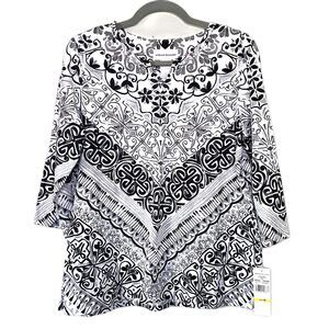 Alfred Dunner Black White Boho Tunic Top Cotton Spandex Size Medium